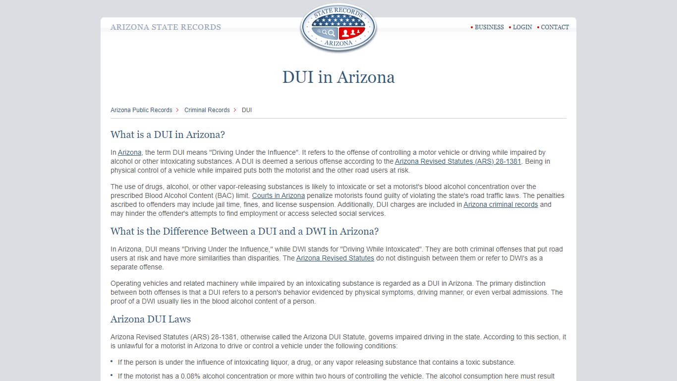 DUI in Arizona | StateRecords.org