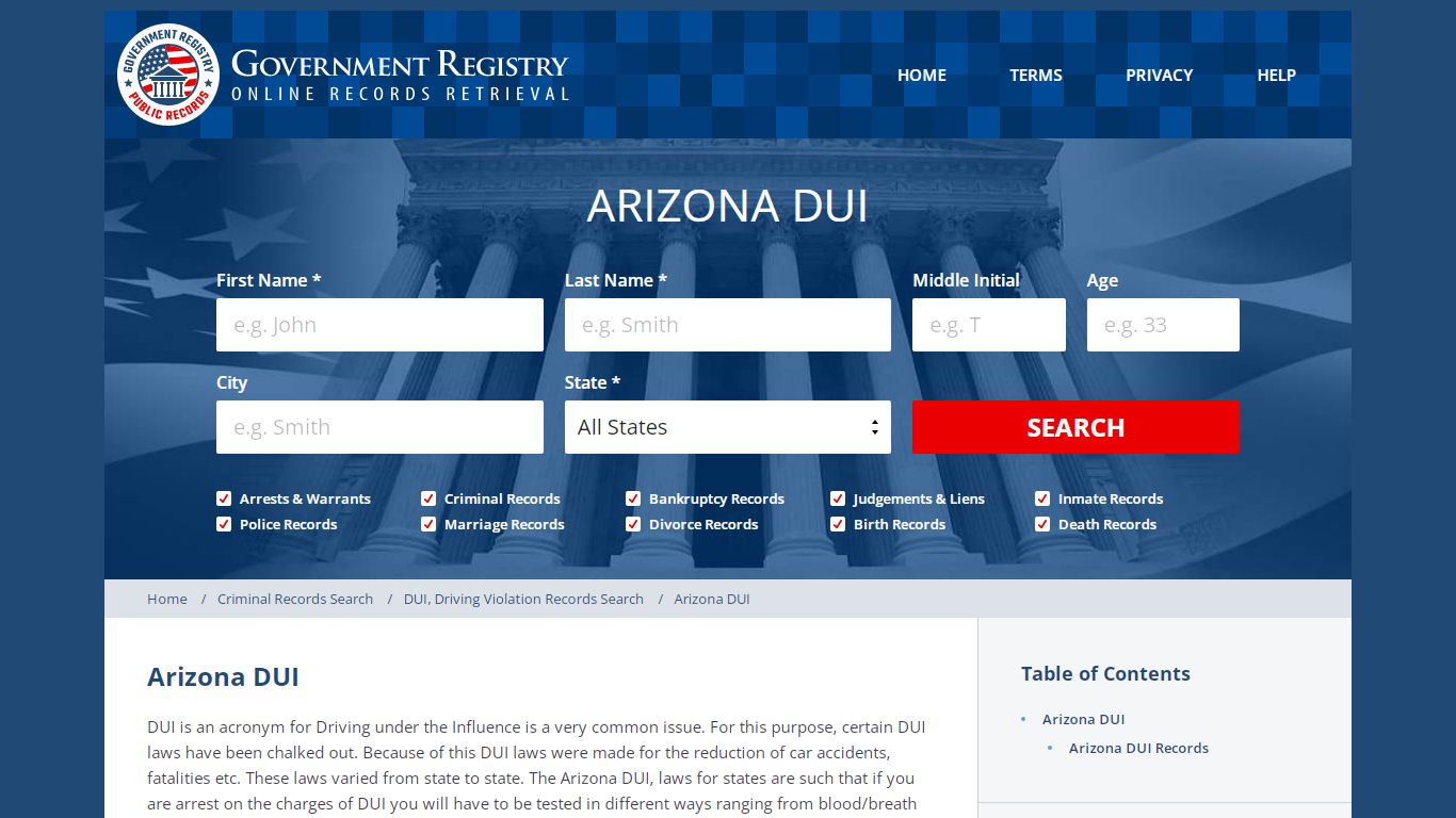 Arizona DUI | Arizona DUI Records | GovernmentRegistry.org